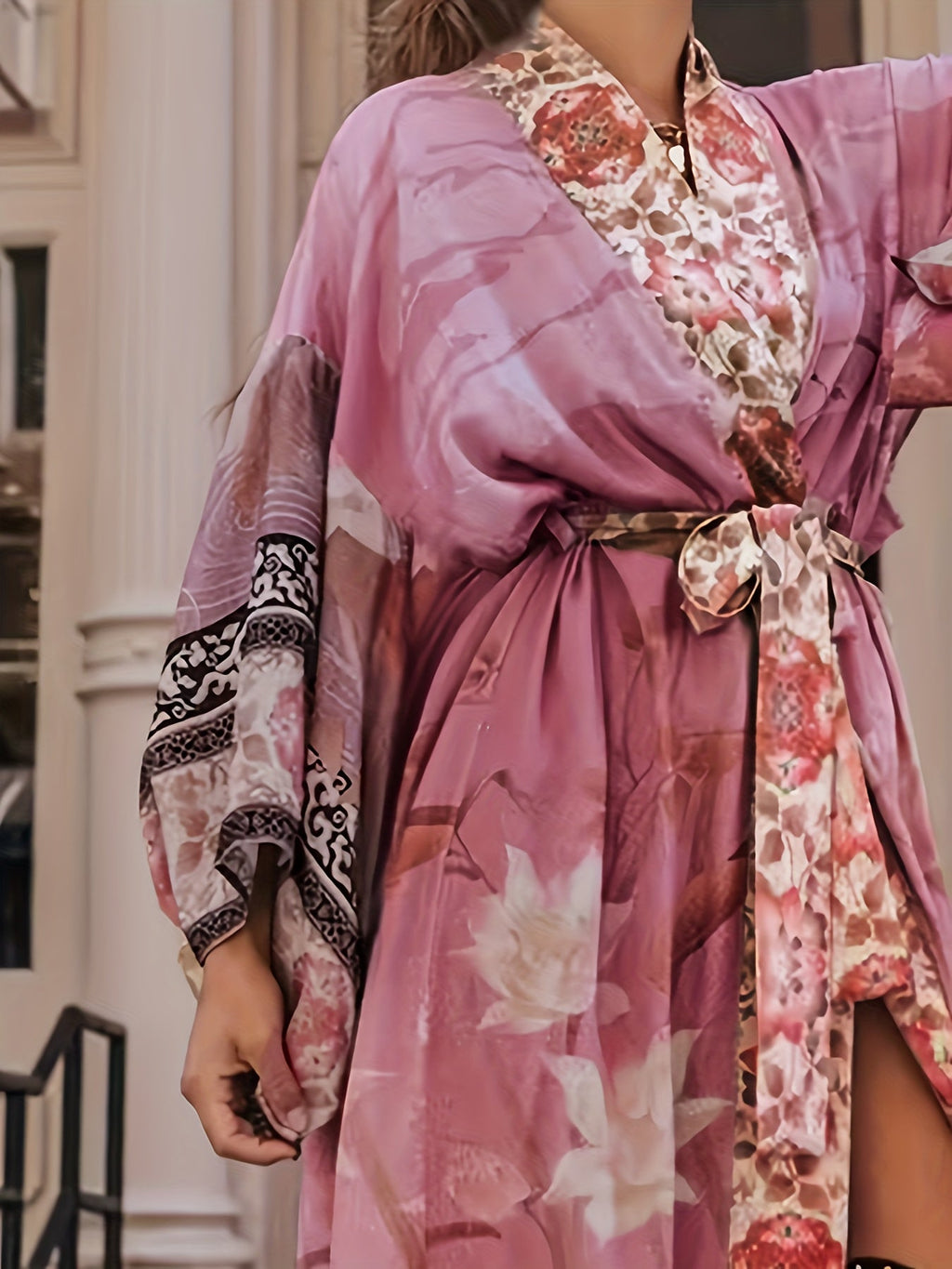 Women's Beach Kimono Cover Up Floral Crane Print Long Sleeve Loose Fit Cardigan Swimsuit Cover-Up for Beach Pool Resort Vacation One Size Light Purple Orange