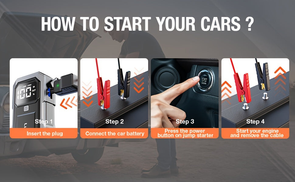 5000A Portable Car Jump Starter & 12V Battery Charger – 3000A Peak, QC3.0 Quick Charge, Intelligent Jumper Cables, LED Light & Power Bank for Gas & Diesel Engines Up to 8.0L