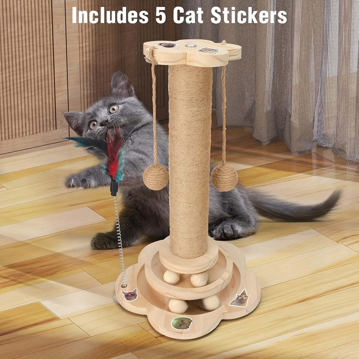 Wooden Cat Scratching Post 5-in-1 Solid Pine Base Tall Sisal Post 2-Level Track Ball Feather Toy Hanging Balls No-Debris Indoor Cat Activity Center Kittens Adults