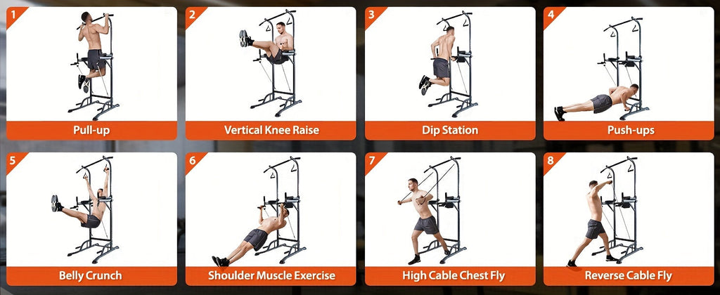 Power Tower Pull Up Bar Dip Station – Adjustable Height 50"-90.6" 330LBS Multi-Function Strength Training Equipment for Men & Women Home Gym, Free Elastic Bands Included
