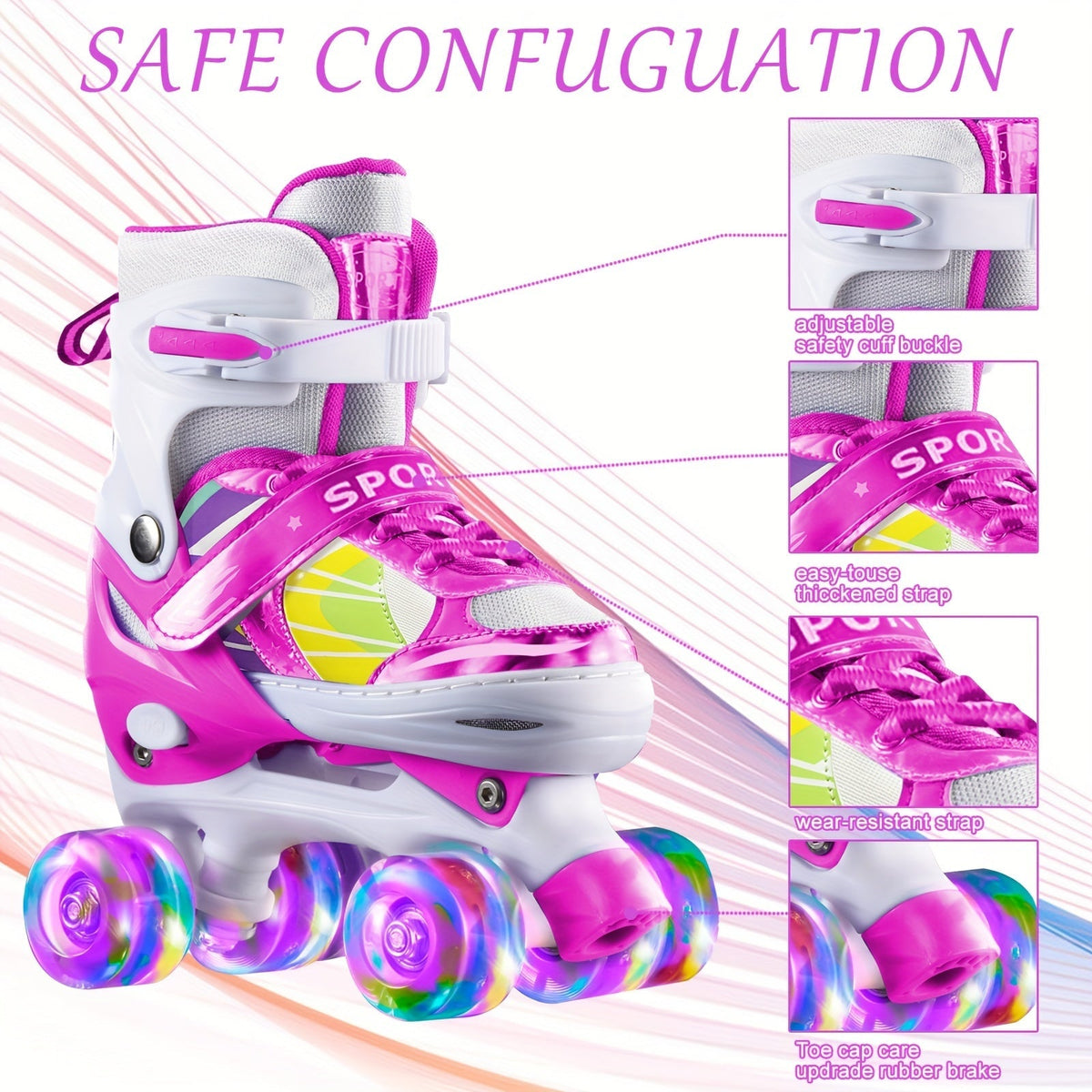 Kids Adjustable Roller Skates 3 Fit Levels Breathable Mesh – Beginner Children Skates in 6 Colors Lavender Purple Dusty Rose Powder Blue for Boys Girls Little Kid to Youth Sizes