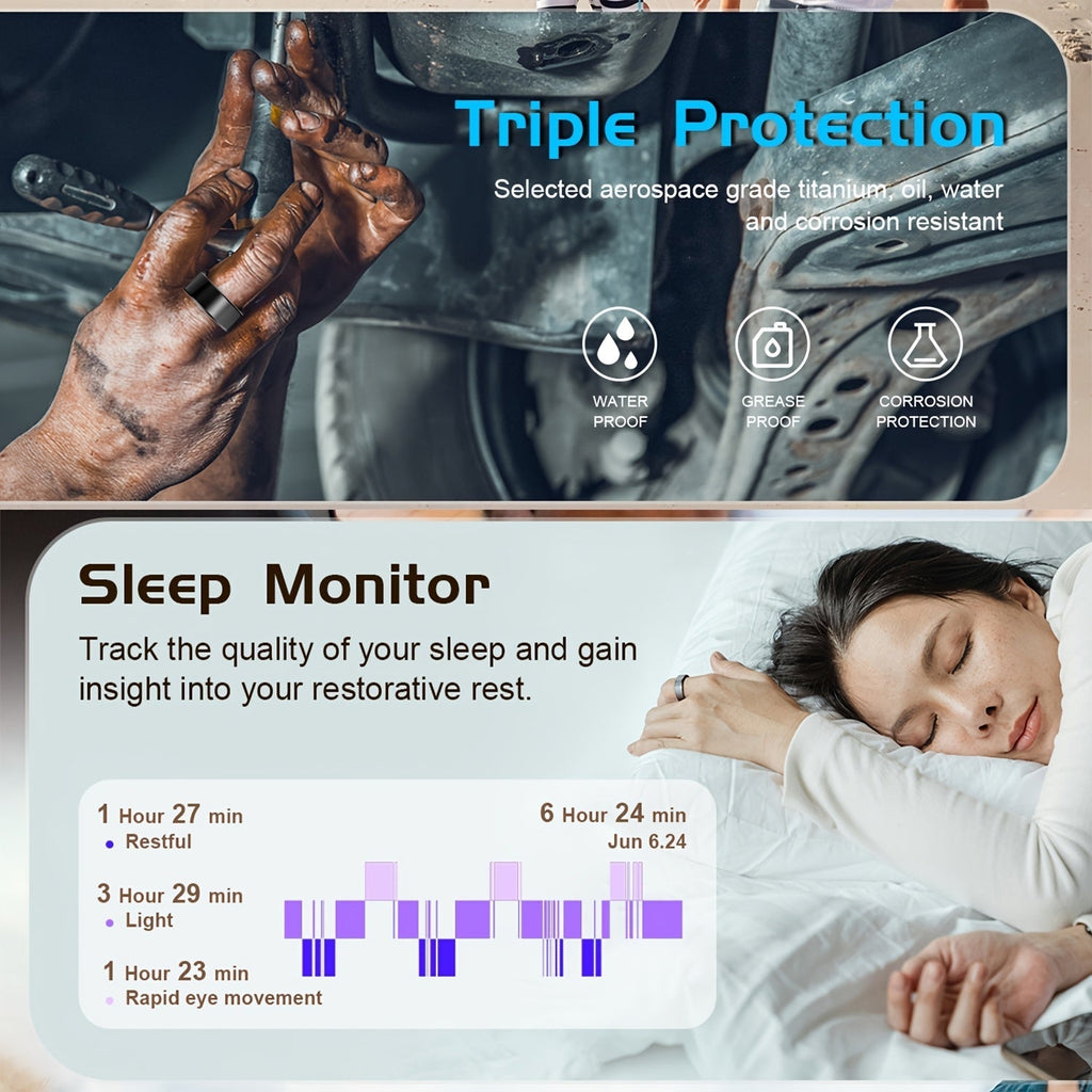 Smart Ring Health Fitness Tracker Bluetooth 5.3 IP68 Waterproof Sport Mode Pedometer Sleep Step Calorie Stress Body Temp Period Tracker for Men Women Android iPhone Gift