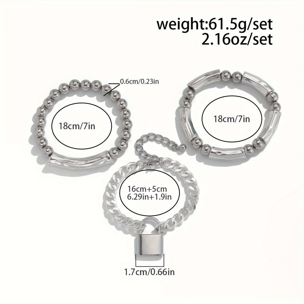 3pcs 925 Sterling Silver Beaded Punk Bracelet Set with Lock Pendant – Exquisite Stackable Edgy Silver Wrist Jewelry for Women Men Teens, Party Festival Daily Wear Gift