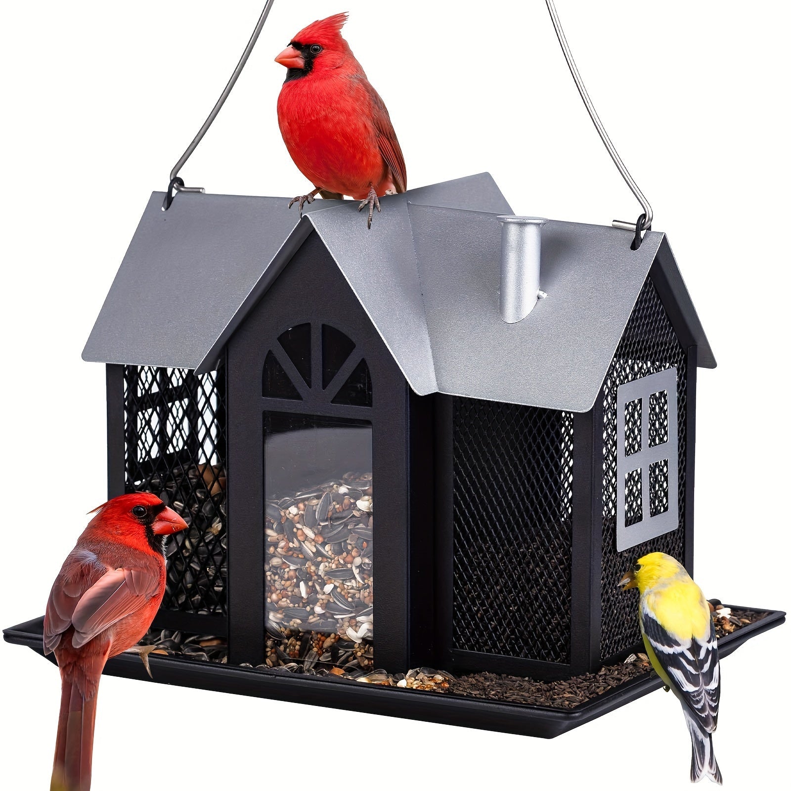 Wild Bird Feeder House for Outside with Triple Feeding Stations – Metal Mesh Weatherproof Bird Feeder for Finch, Cardinal & Chickadee, Large Capacity Outdoor Hanging Bird Feeder, Gift for Bird Lovers