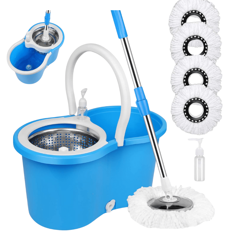 360° Spin Mop and Bucket Set with Wringer – Microfiber Mop Refills Stainless Steel Extended Handle Separate Compartment Floor Cleaning System for Hardwood Tile Laminate, Upgrade Option with 2 Refills