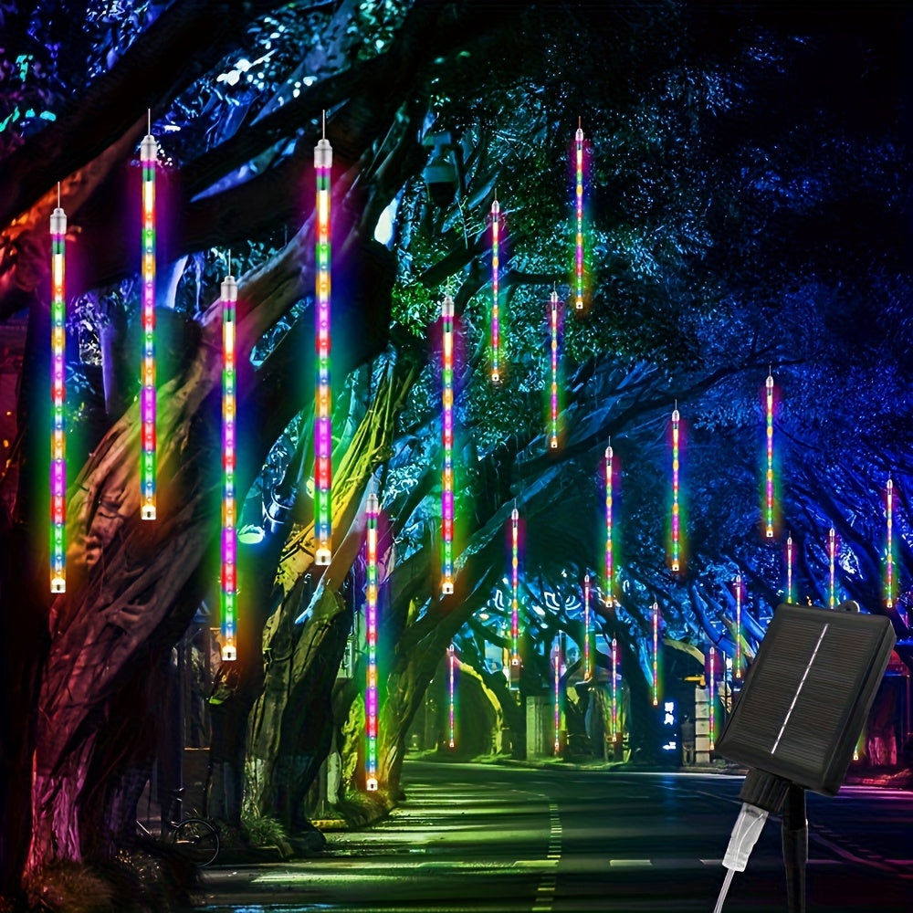 Solar Meteor Shower String Lights 192 LED Outdoor Waterproof - Flower Theme 8 Modes Fairy Lights for Garden Patio Tree Christmas Halloween Independence Day Warm White Multi-Color Blue