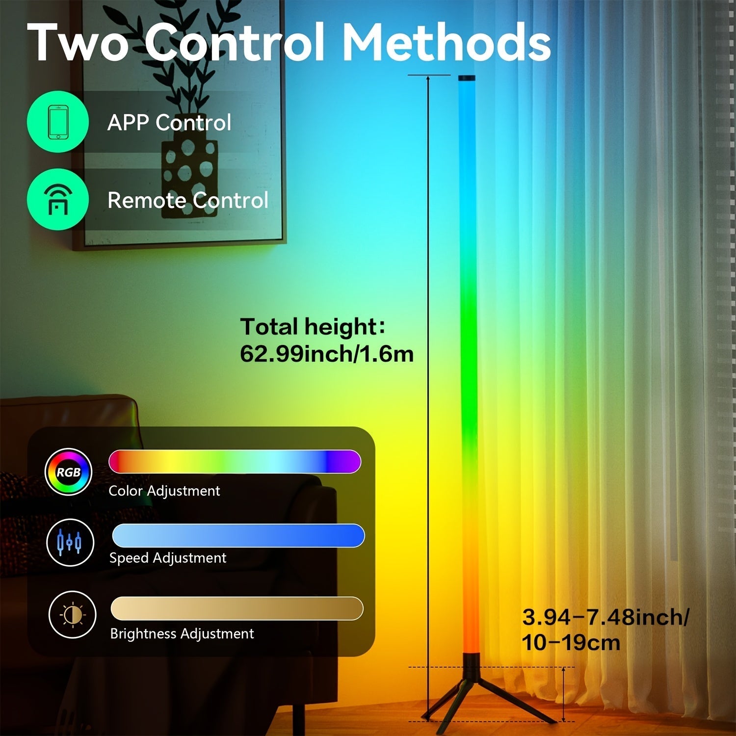 RGB Corner Floor Lamp 16 Million Colors Music Sync APP Remote Control 300 Plus Effects 2700K-6000K Dimmable Smart Standing Light for Living Room Bedroom Gaming Room Office