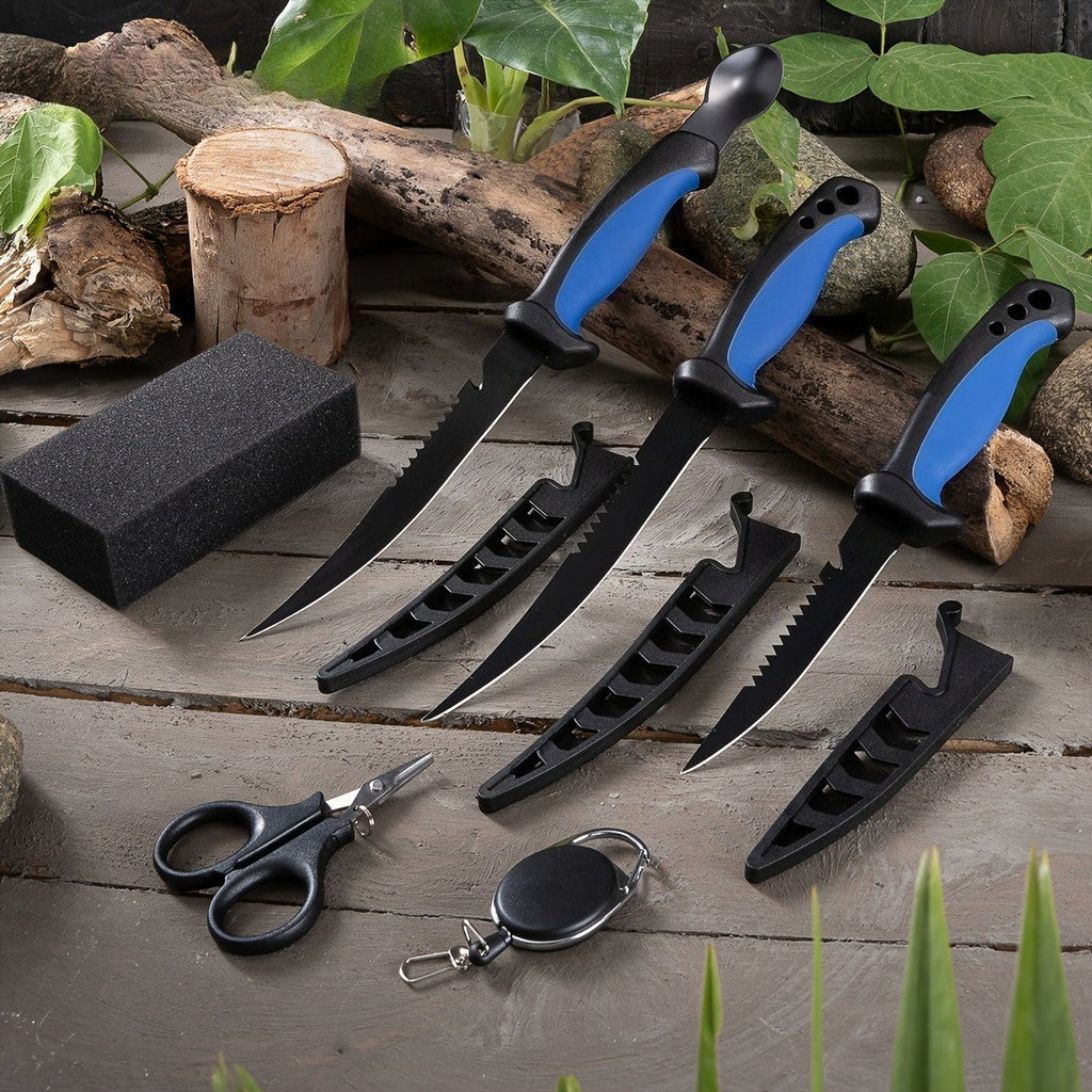 Fishing Knife Set 3 Piece Stainless Steel Fillet Boning Gutting Knives for Anglers & Campers – Includes Cut Resistant Gloves, Line Cutter & Cord, Unique Fishing Gift for Men & Dad