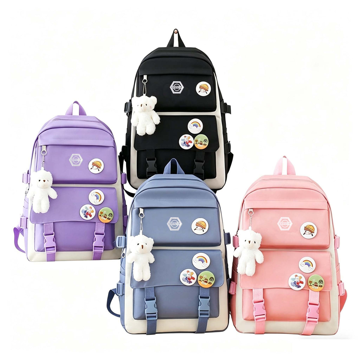 Cute 5-Piece Girls School Backpack Set – Lightweight Daypack with Matching Tote Bag Pencil Case & Coin Purse, Durable Adjustable Student Bag for School Hiking Travel, Purple Black Pink Blue