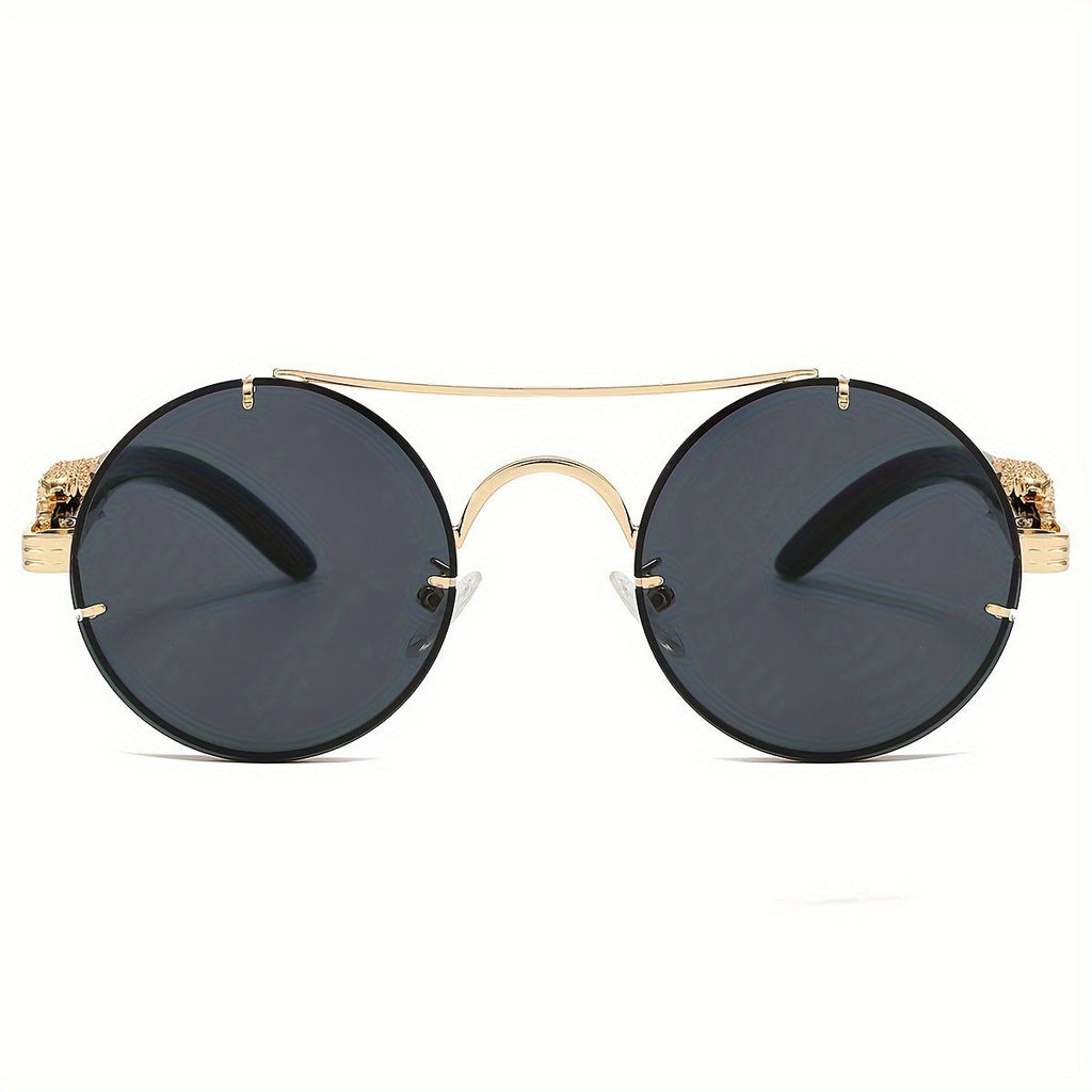 Round Metal Frame Gradient Sunglasses for Men & Women – Luxury Double Bridge, Leopard Detail Hinges, Gradient PC Lenses, Includes Case, Chic Vacation & Street Style Eyewear