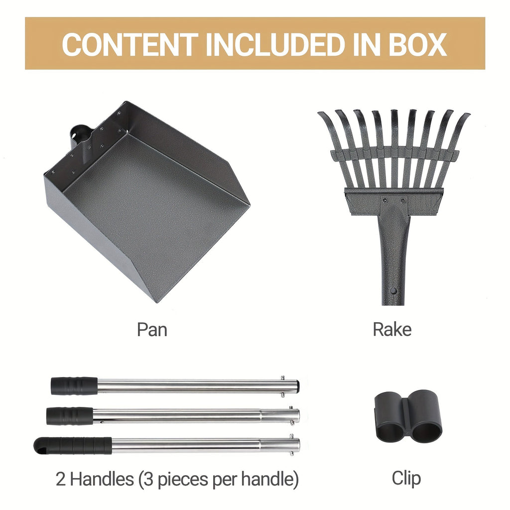 Stainless Steel Dog Pooper Scooper Set with Adjustable Handles – Rust-Proof Tray & Rake Pet Waste Removal Tool, Easy to Clean, No-Bend Design for All Dog Breeds, Yard & Outdoor Use