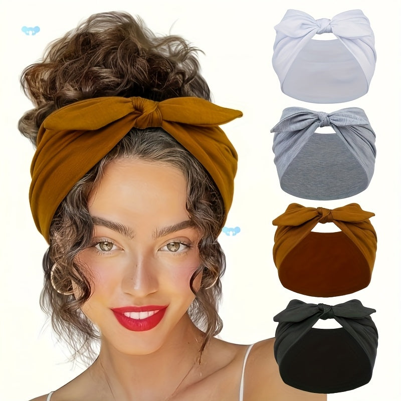 Rabbit Ear Bow Headbands for Women 4 Pack Wide – Non-Slip Elastic Sports Yoga Gym Hair Wrap Soft Thick Turban Hairband Set, Cute Bow Knot Hair Accessories Gift for Girls & Teens