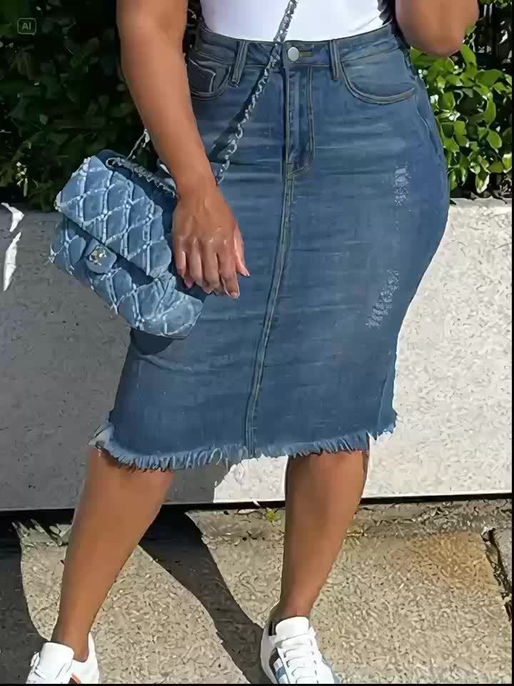 Vintage High-Waisted Denim Midi Skirt Women Stretch Raw Hem Distressed Look Machine Washable Non-Transparent Sea Blue XS-XXL Spring Summer Fall