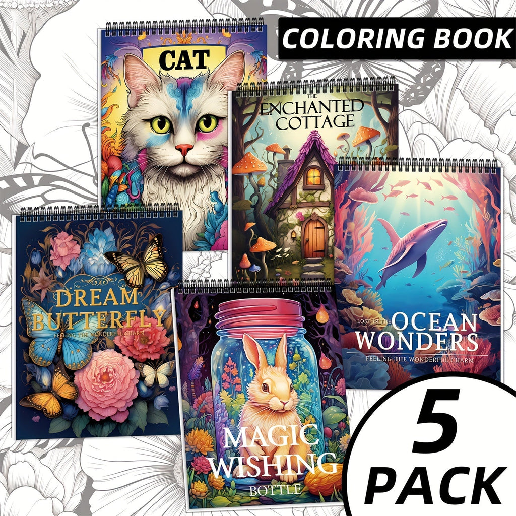 Adult Coloring Books Set of 5 with 150 Unique Designs – Spiral Bound Mindfulness Art Books Featuring Butterflies, Cats, Ocean, Cottage & Magical Wishes – Perfect Stress Relief Gift for Women, Men & Teens