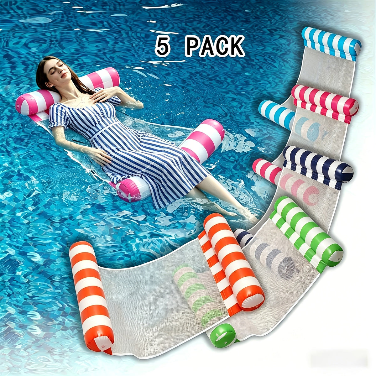 4-in-1 Inflatable Pool Float Lounger for Adults Hammock Raft Exercise Saddle Striped Colorful Swimming Ring Floating Bed for Pool Lake Beach 5-Pack and 8-Pack Options