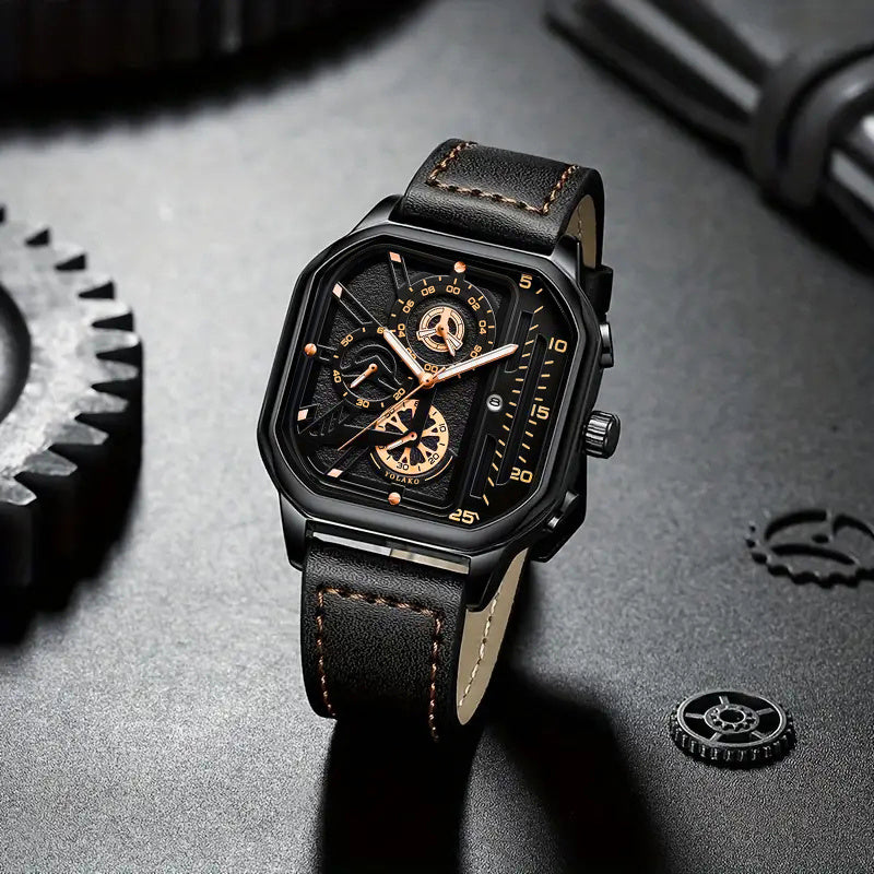 2pcs Men's Watch Set Sports Triangle Dial Silicone Strap and Retro Square Dial Quartz Watches with Date Display Dress Watch for Casual Valentine's Father's Day Gift