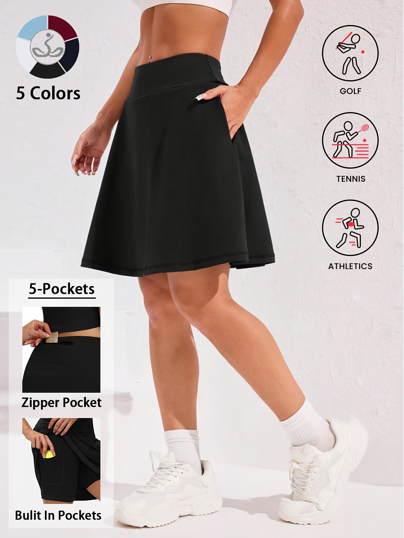 Women's 20-Inch Knee Length Skorts with 5 Pockets – High Waist Built-In Shorts Athletic Skirt for Tennis Golf Pickleball Hiking Casual Wear, Sizes S-XXL, 5 Colors Black White Navy Sky Blue Deep Red