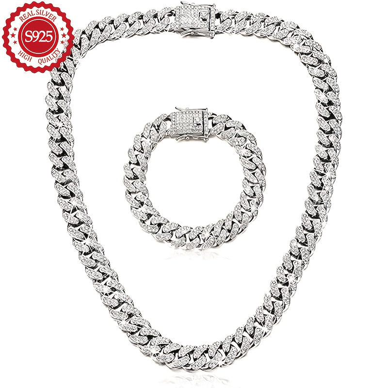 925 Sterling Silver Cuban Chain Necklace and Bracelet Set for Women – 2 Piece Cuban Link Jewelry Set Elegant Lightweight 11.89g Gift for Christmas Birthday Valentine's Day Anniversary
