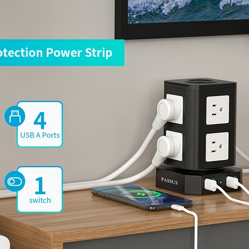 Tower Surge Protector Power Strip 12 Outlets 5 USB Ports PD 18W USB-C Fast Charging 10FT Extension Cord 1800J Surge Protection 4 Independent Switches Home Office Desk Dorm Room Vertical Design