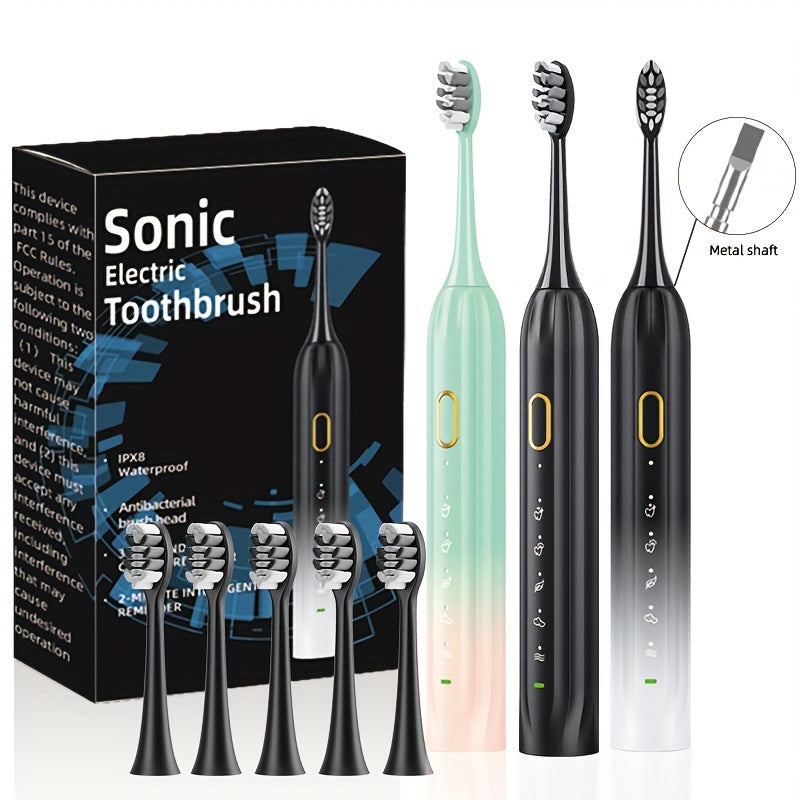 Sonic Electric Toothbrush IPX8 Waterproof USB Rechargeable 5 Replacement Brush Heads Smart 2-Minute Timer Metal Shaft Adults Men Women Couple Oral Care Black Pink Green