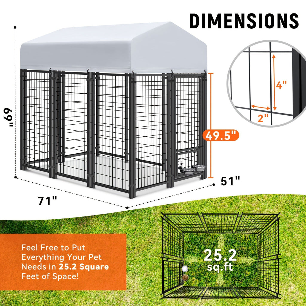 Large Dog Enclosure Outdoor Heavy Duty Welded Wire Steel Dog Playpen with UV-Resistant Roof Cover Secure Lock Pet Pen for Big Dogs Exercise Play Area Backyard Patio 3 Sizes