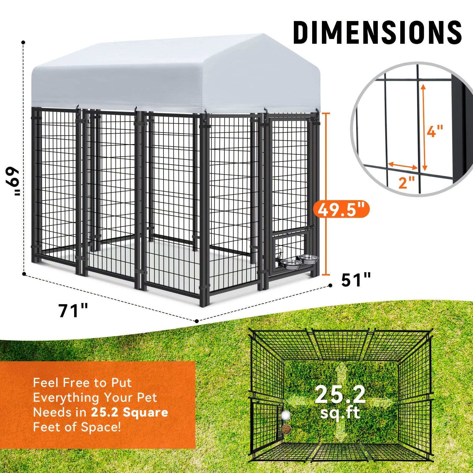 Large Dog Enclosure Outdoor Heavy Duty Welded Wire Steel Dog Playpen with UV-Resistant Roof Cover Secure Lock Pet Pen for Big Dogs Exercise Play Area Backyard Patio 3 Sizes