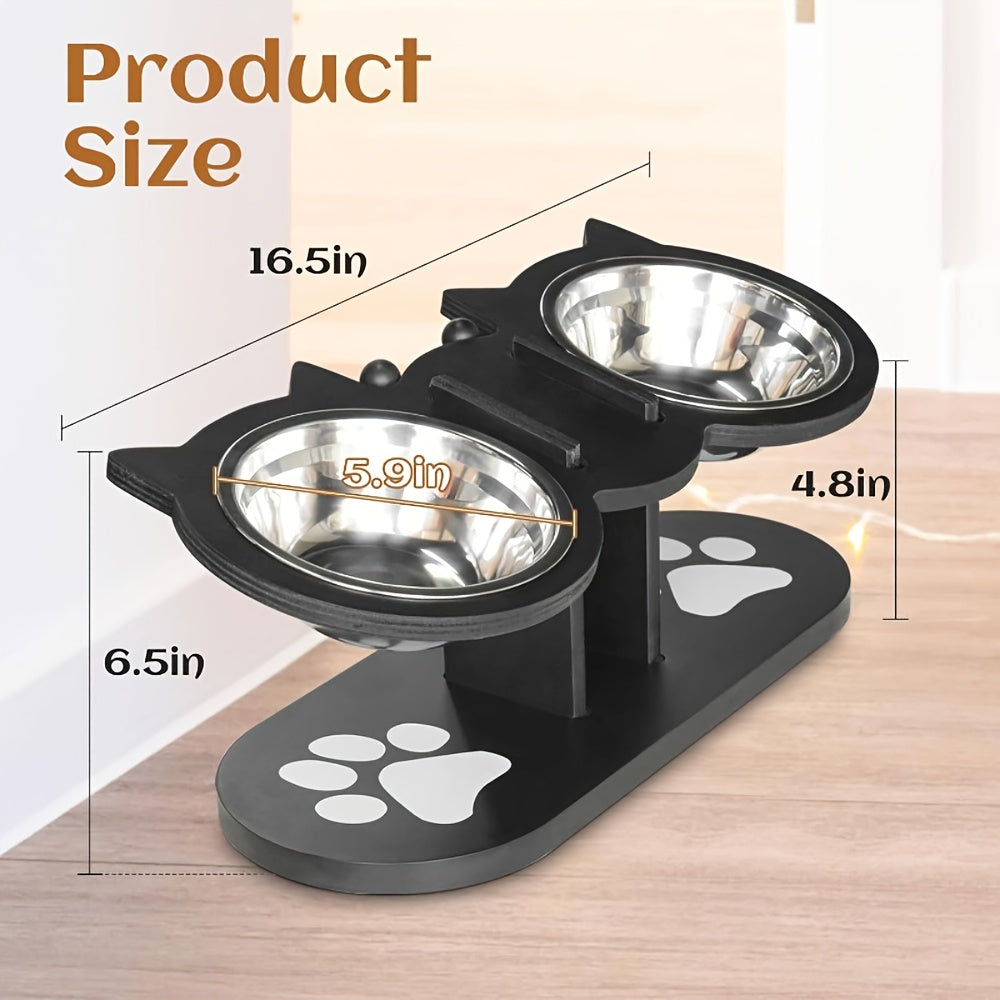 Elevated Cat Bowl Stand 15 Degree Tilted Stainless Steel Bowls Raised Feeder Cats Small Dogs Anti-Spill Black Wooden Base Set of 2 or 3 Bowls Food Water Ergonomic Posture