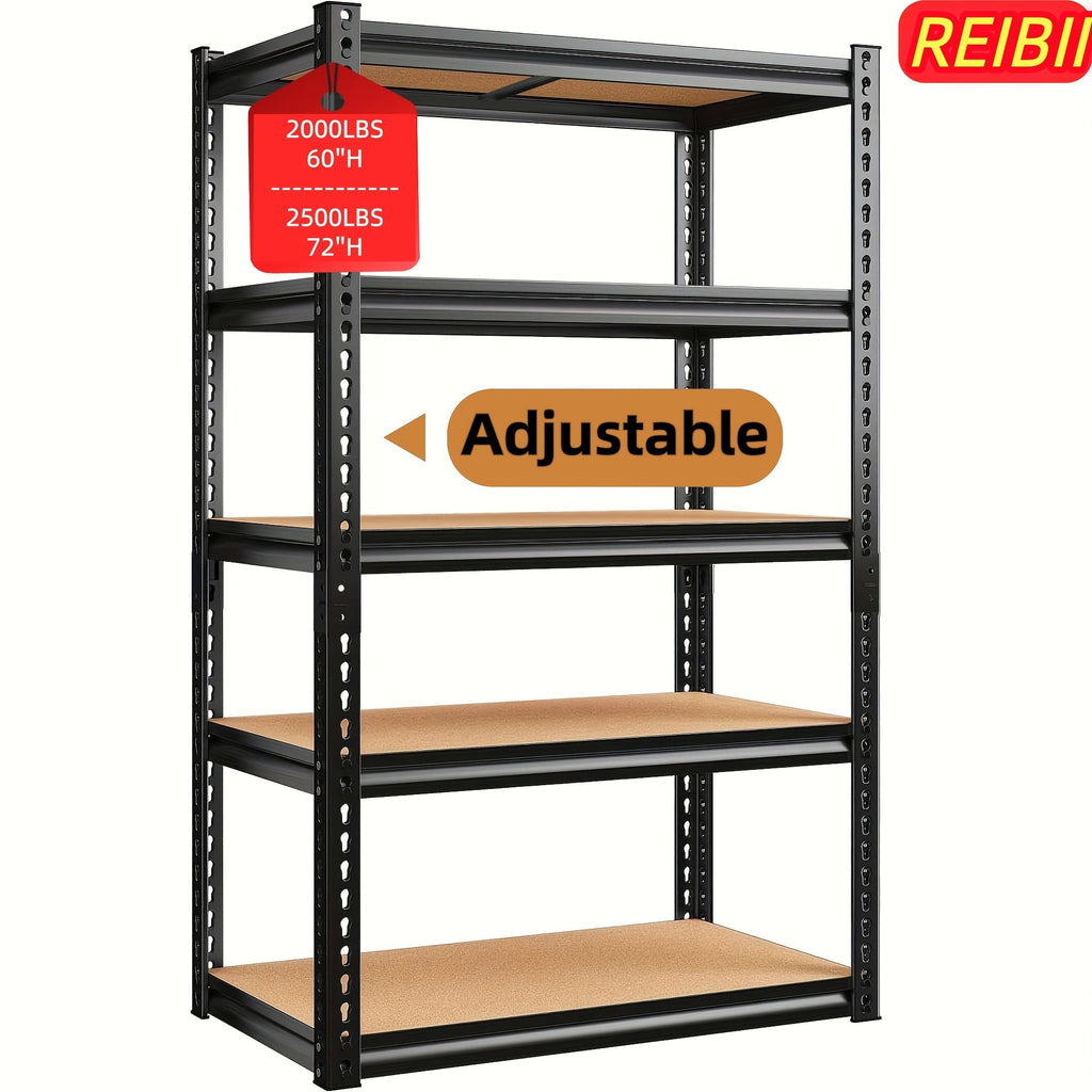 Heavy Duty 5-Tier Metal Garage Shelving Unit 2000 LBS – Adjustable Steel Storage Shelf Rack 60–72 Inch for Garage, Basement, Pantry, Kitchen & Warehouse, Tool-Free Assembly, Black