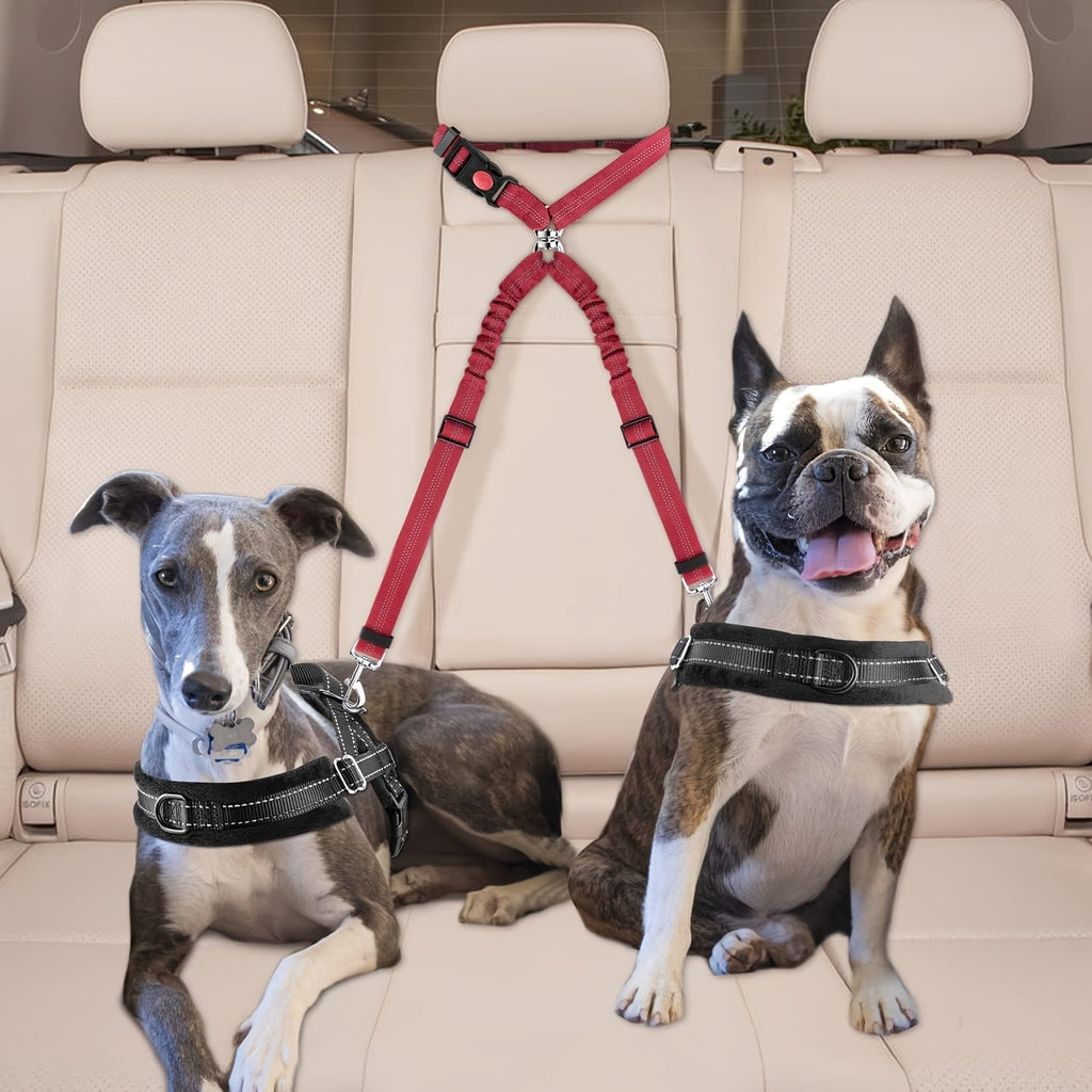 Dual Dog Car Seat Belt 2 Dogs Simultaneously No-Tangle Adjustable Bungee Headrest Clip Pet Safety Harness Small Medium Large Dogs Travel Black Red Rose Red