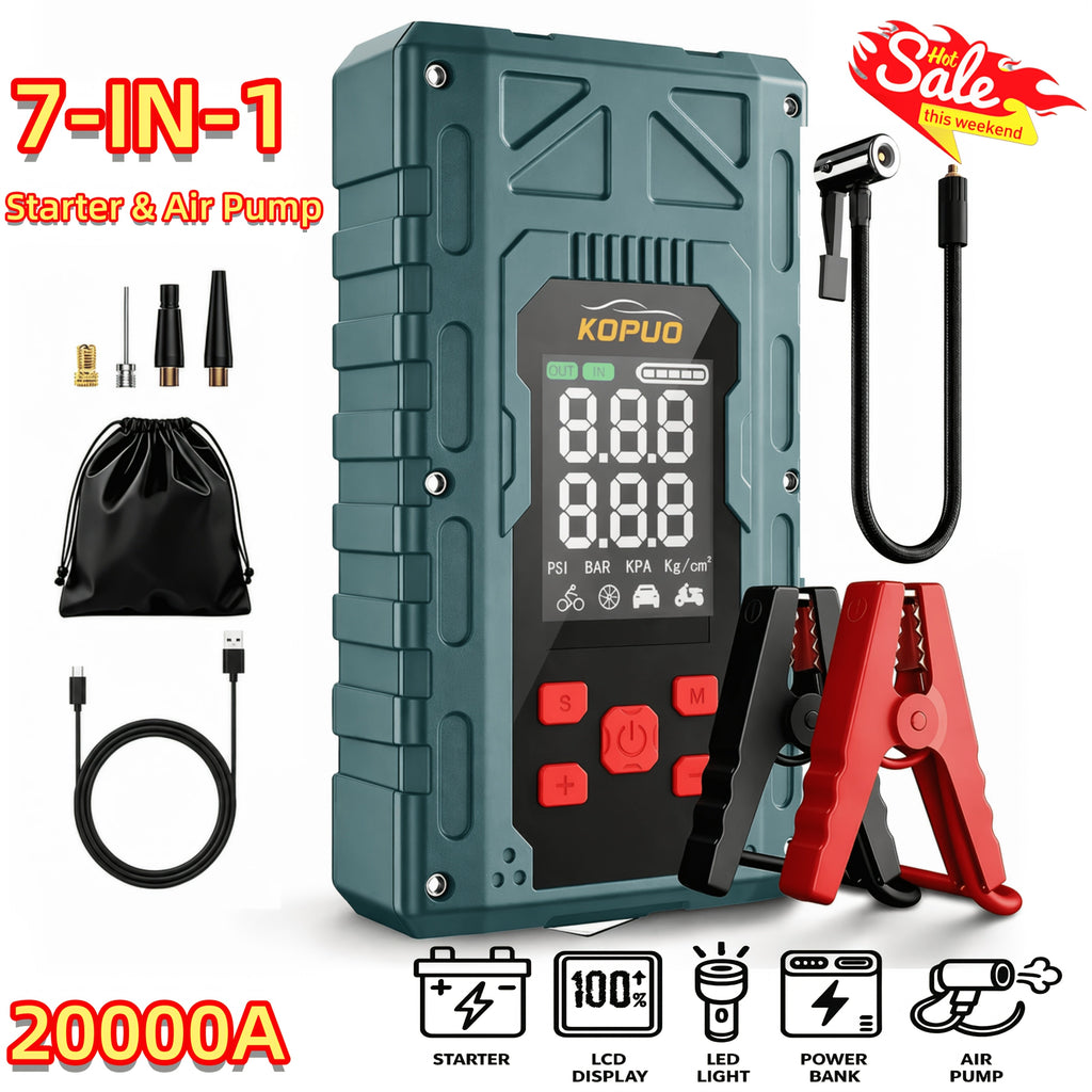 Portable Car Jump Starter with Air Compressor 20000A Peak 7 in 1 Battery Booster Pack 150PSI Tire Inflator Power Bank LED Light LCD Display Safety Hammer 12V Emergency Roadside Kit Car SUV Truck