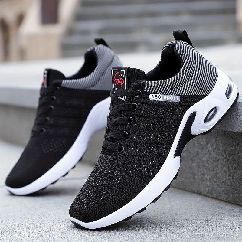 Air Cushion Slip-Resistant Men's Athletic Sneakers – Breathable Lace-Up Casual Sports Shoes for Gym Walking Running Urban Everyday Wear, Black & White or Black Blue, Sizes US 6.5–11.5