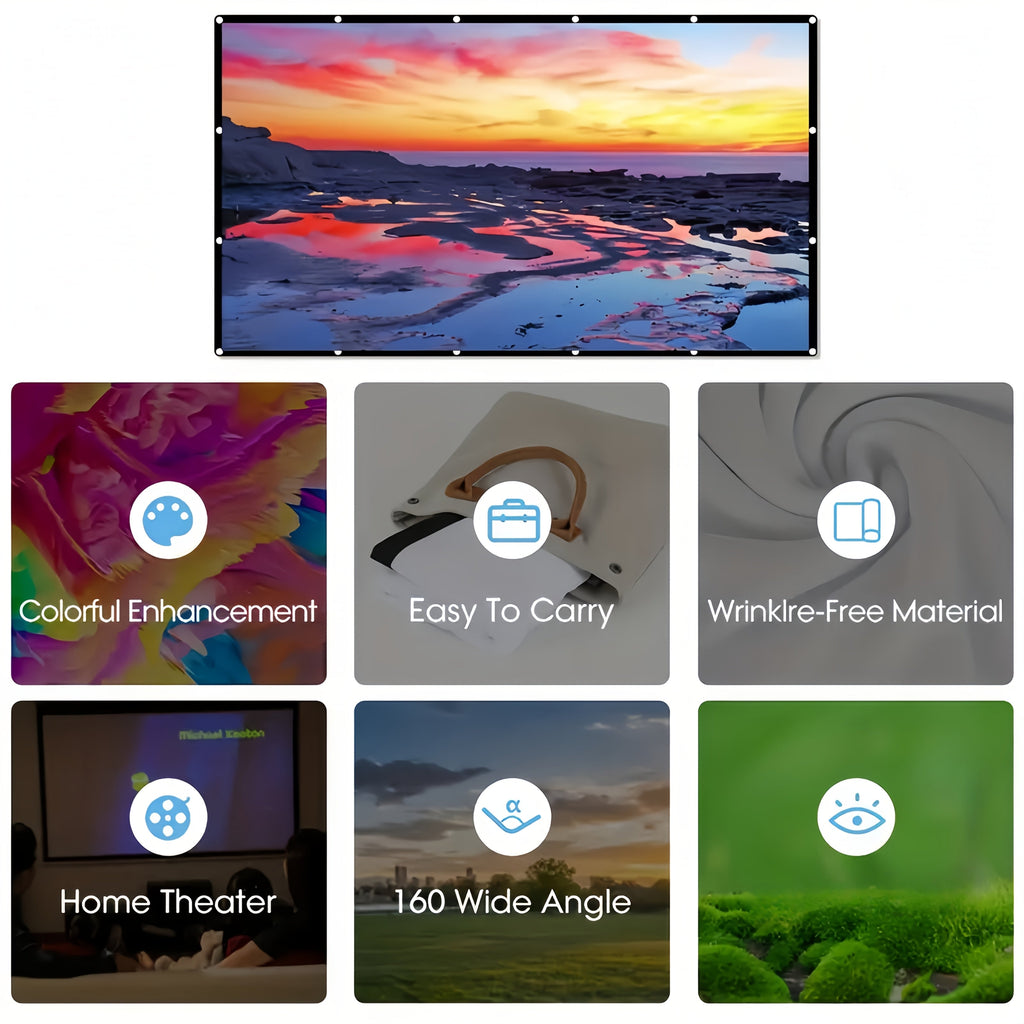 Portable Projector Screen 4K HD 72 100 120 Inch 16:9 Foldable Wrinkle-Free Outdoor Indoor Movie Screen 160° Wide View Dual-Sided for Home Theater Camping Party Presentations
