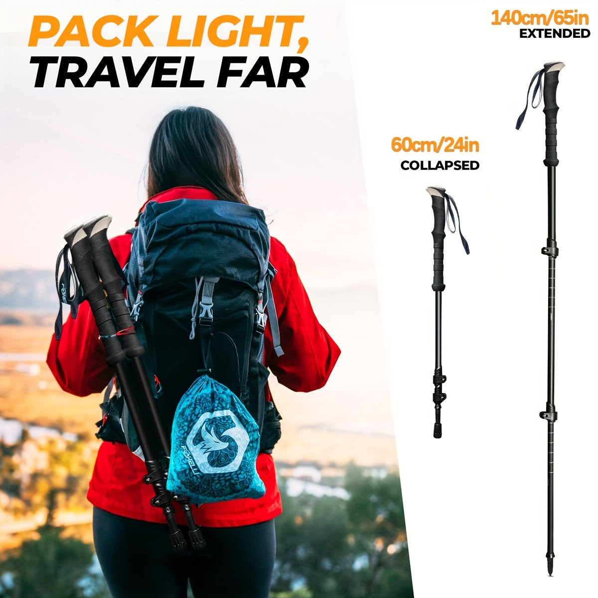 Trekking Poles 2 Pack Aluminum Alloy Lightweight Collapsible Telescopic Hiking Sticks with Quick Lock for Men Women Hiking Camping Backpacking Trail Walking