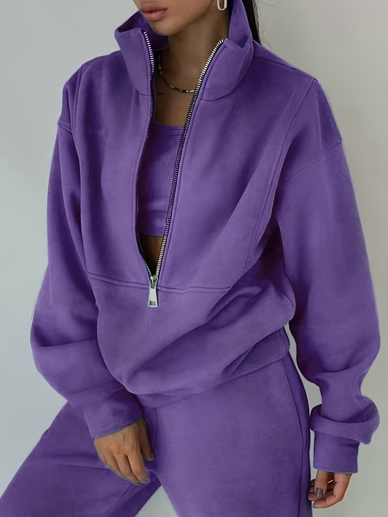 Fleece Two-Piece Set Women Sporty Street Casual Sweatshirt Pants Soft Cozy Matching Loungewear 10 Colors Pink Blue Black Purple Olive Green S-XXL
