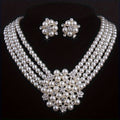 Milky White 4-Row Bead Necklace and Earring Set for Women – Layered Flower Pearl Style Silver Plated Jewelry Set for Wedding Banquet Evening Party Engagement Gift