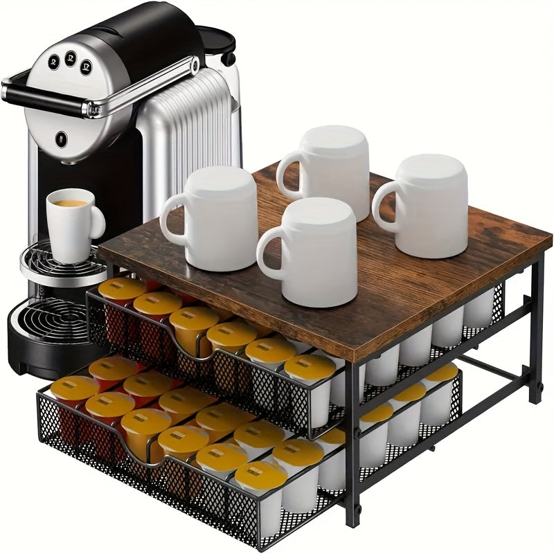 K-Cup Coffee Pod Holder Counter Storage Sliding Drawer Organizer Keurig Nespresso Capsules Double Layer 48 Pod Capacity Kitchen Countertop Coffee Station Brown