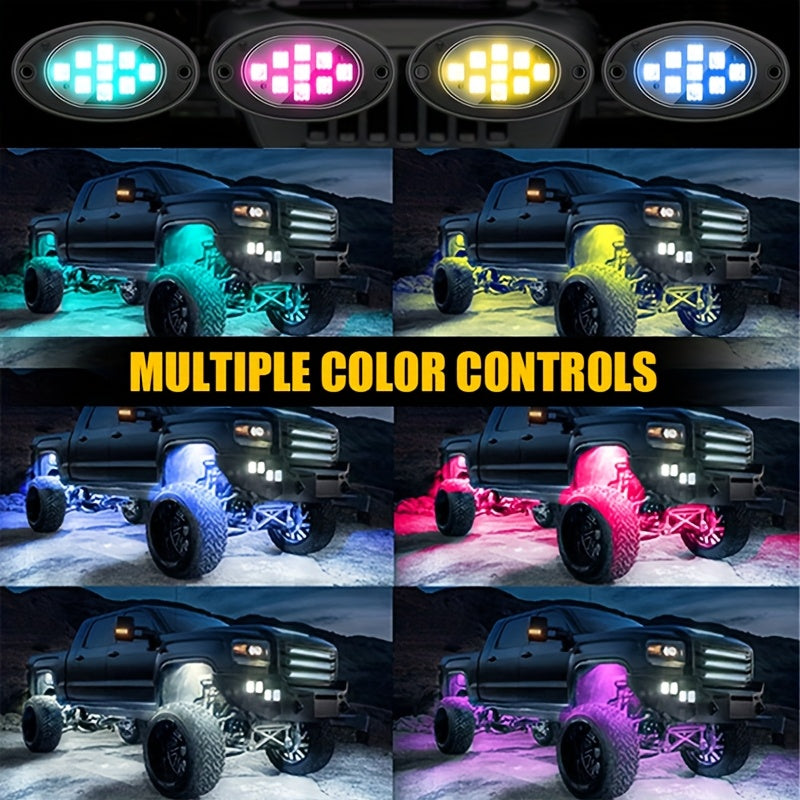 RGB LED Rock Lights Kit for Trucks Pickup SUV – Sound Activated APP & Remote Control, Multicolor Underglow Chassis Neon Lights, 9 Large Beads, 4/6/8/10 Pods Underbody Lighting Kit