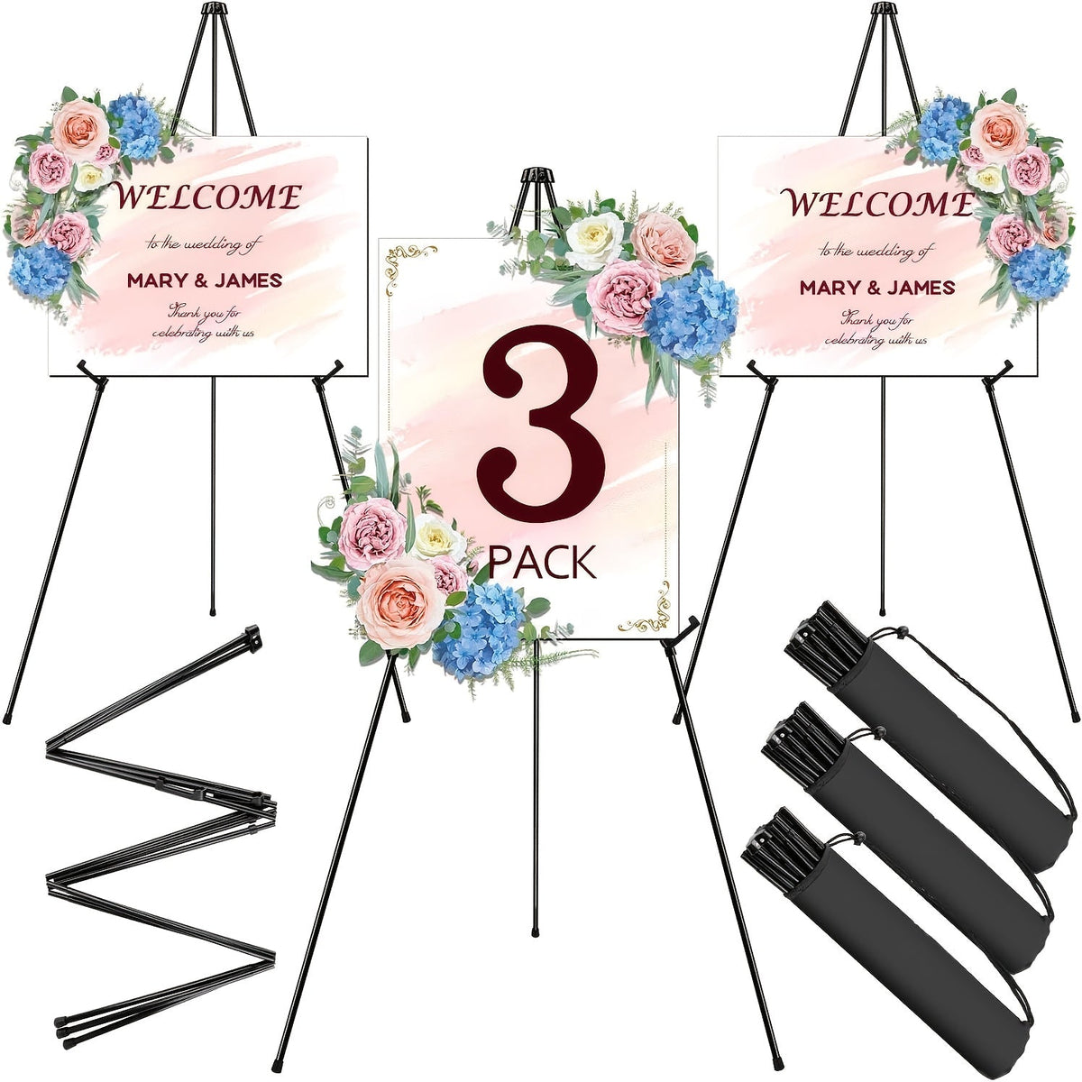 63 Inch Portable Tripod Easel Stand Foldable with Carrying Bag – Adjustable Metal Floor Easel for Wedding Signs Art Posters Painting Trade Shows Events – Black White Gold Silver Pink Single 2-Pack 3-Pack