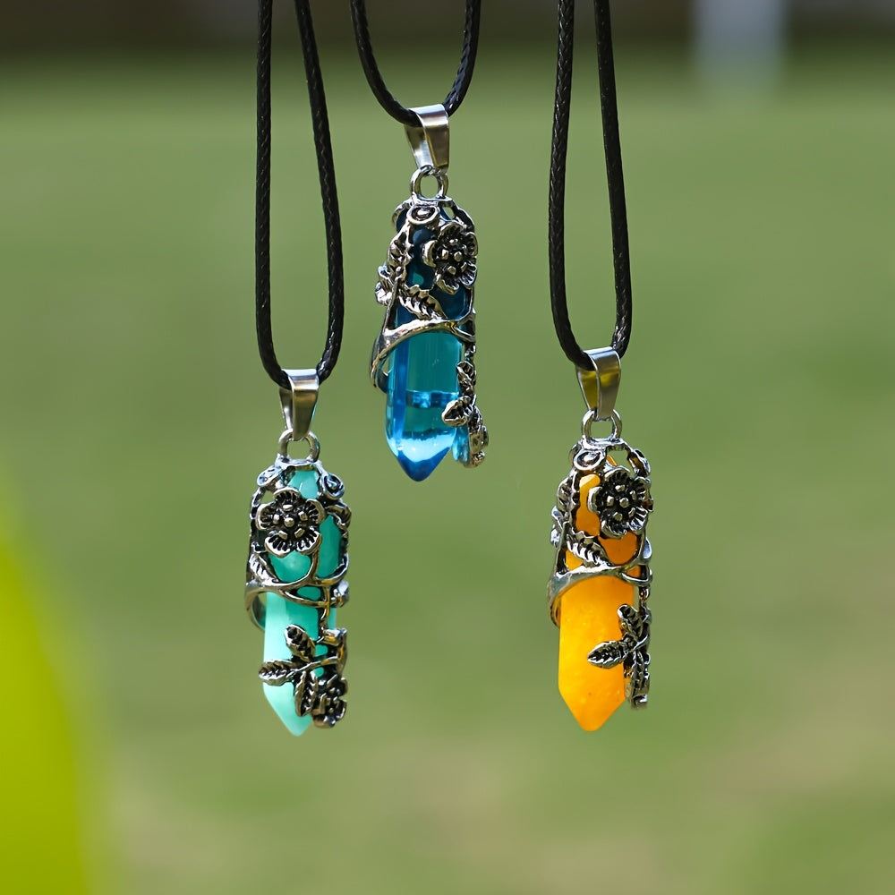 20pcs Natural Stone Hexagon Prism Pendant Necklace DIY Kit 10 Wrapped Flower Pendants and 10 Faux Leather Ropes Boho Handmade Jewelry Casual Accessories Gift