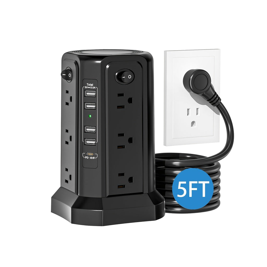 Power Strip Tower 16 AC Outlets 5 USB Ports USB-C PD20W Fast Charging 1500J Surge Protector Flat Plug Desktop Extension Cord for Home Office Dorm Room Workstation 10 Style Options
