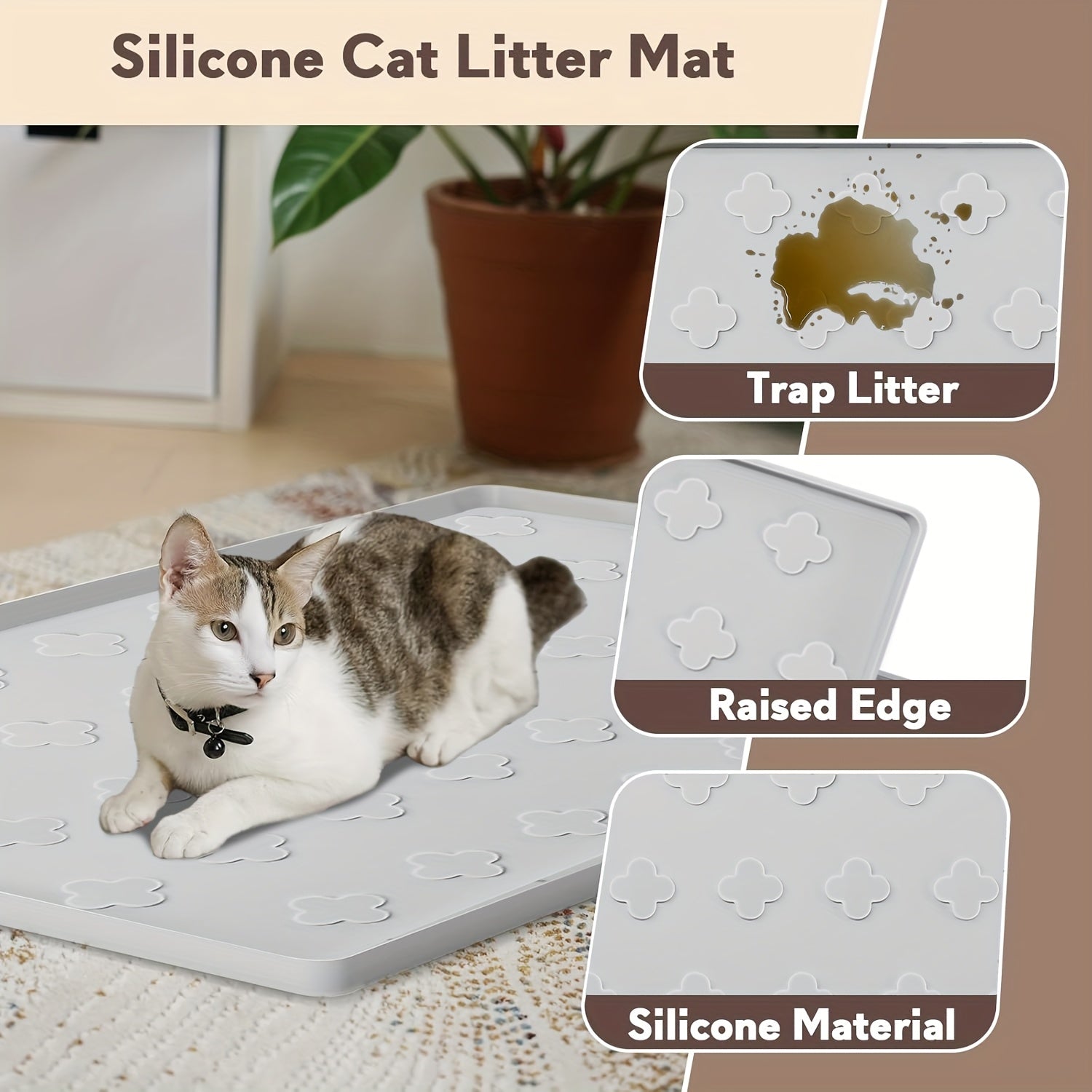XXL Silicone Cat Litter Mat 3-in-1 – Washable Non-Slip Floor Protector with Raised Edges, Traps Litter, Kibble & Crumbs, Foldable Pet Feeding Mat for Cats, 34x22 Inch, Light Grey & Dark Gray