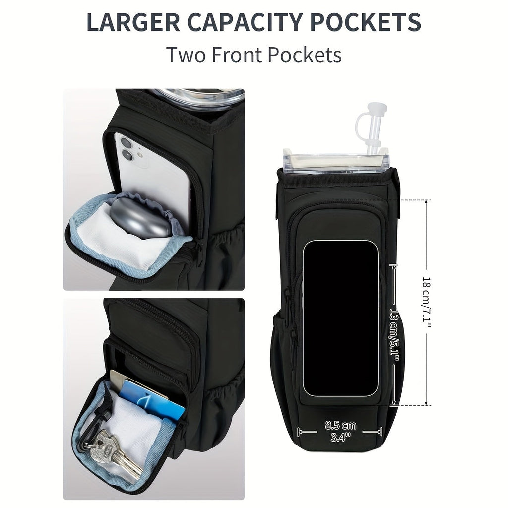 40oz Insulated Water Bottle Sling Bag with Straw Lid & Handle – Hands-Free Carrier with Phone Pocket Zippered Compartments Adjustable Strap for Dog Walking Gym Travel Outdoor Men Women