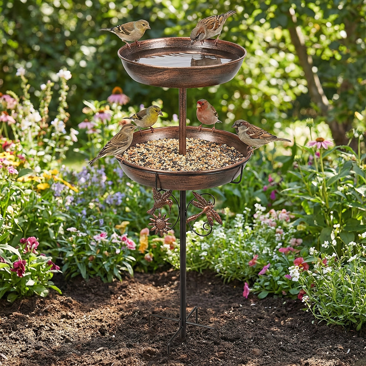 Iron Bird Bath & Feeder 2-in-1 Vintage Outdoor Garden Decor – Rust-Proof 5-Claw Ground Stake, All-Season Bird Drinking & Bathing Stand, Easy Clean Yard & Holiday Decoration