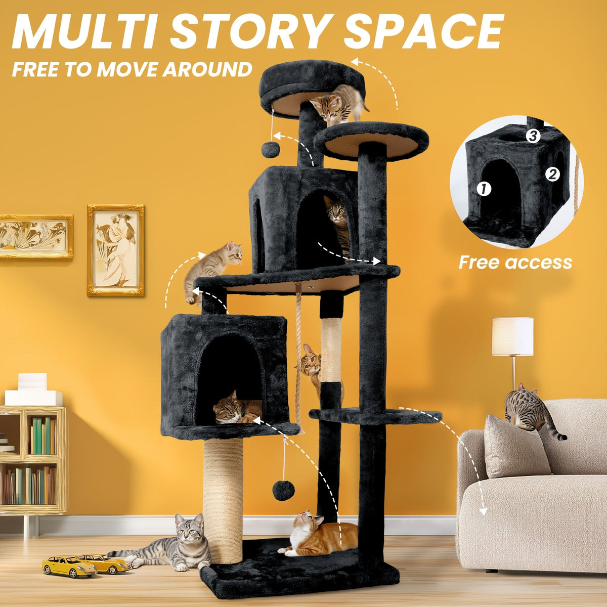 59" Multi-Level Cat Tower for Indoor Cats – Large Cat Tree with Plush Resting Area, Sisal Scratching Post & Hanging Ball Toy – Ideal for Bedroom, Living Room & Multi-Cat Households – Velora
