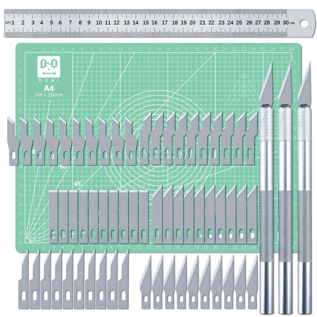 65-Piece Exacto Knife Craft Cutting Kit with A4 Self-Healing Cutting Mat – Precision Stencil Knife, Replacement Blades & Rulers for Paper Modelling DIY Scrapbooking Art Card Making