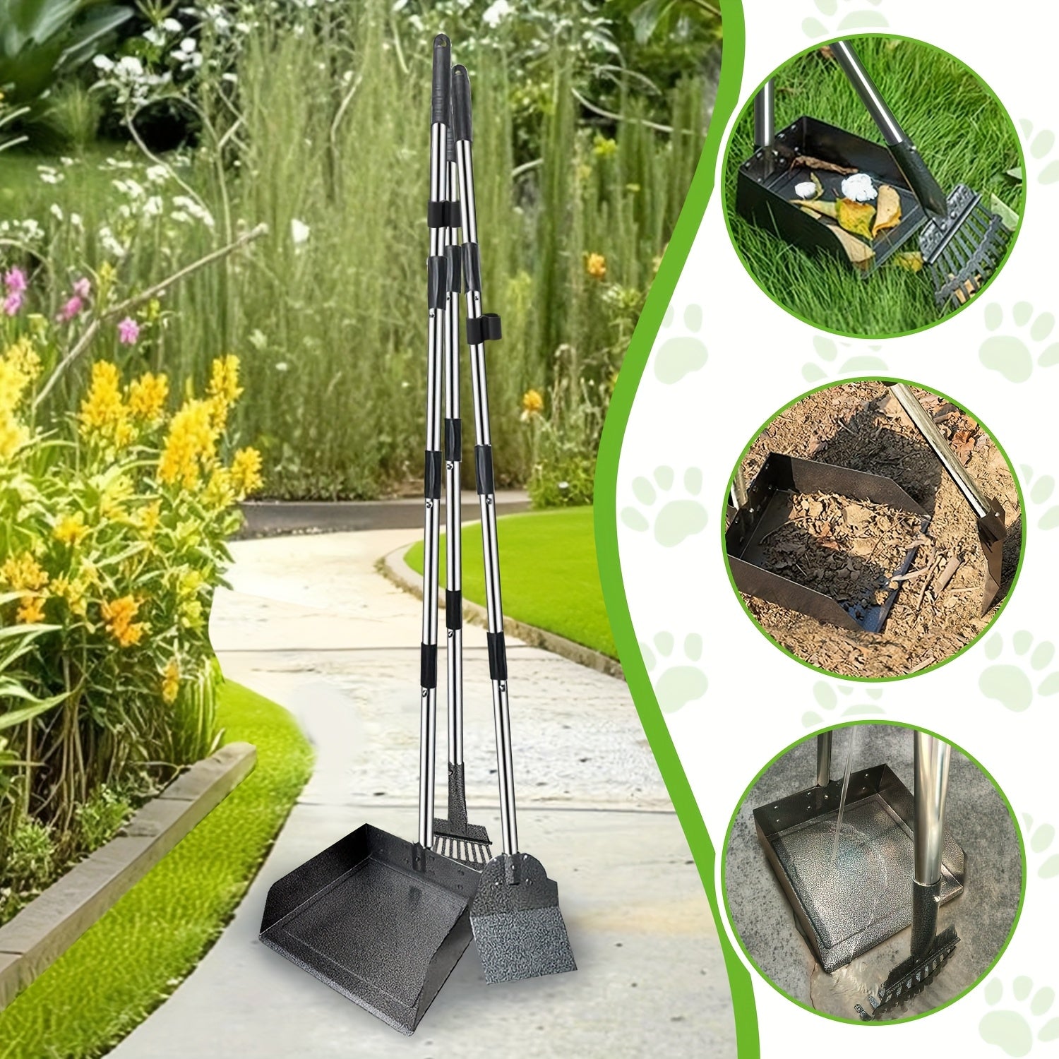 Heavy-Duty Dog Pooper Scooper with 48" Extended Handle – Stainless Steel Swivel Tray, Rake & Spade Set for Grass, Dirt & Gravel, No-Bend Pet Waste Removal for All Dog Sizes (2/3 Piece Set)