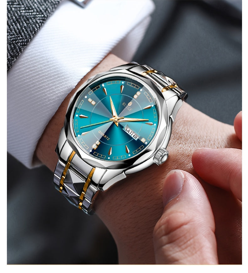 RUIGE Men's Fashion Quartz Watch – Night Light, Dual Calendar, Diamond Shaped Mirror Dial, Stainless Steel Case, Alloy Strap, Business Casual Wristwatch, Perfect Father's Day Gift for Men