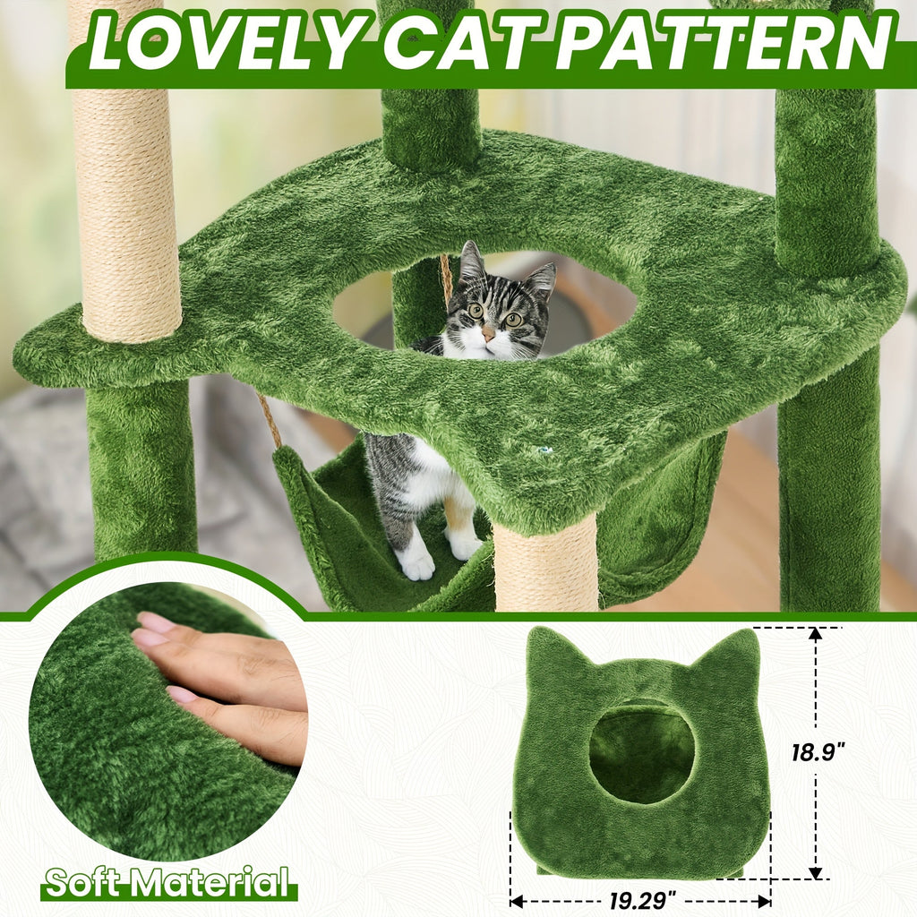 55 Inch Cat Tree for Indoor Cats with Green Leaves – Multi-Level Large Cat Tower with Hammock Sisal Scratching Posts Hanging Ball Toy Cat Furniture for Living Room Bedroom