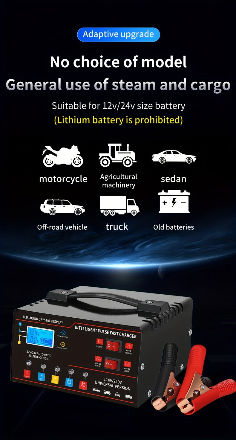 Smart Universal Battery Charger 12V 24V with LCD Screen Pulse Repair Trickle Maintainer for Car Truck Motorcycle Boat Lawn Mower Harvester – Automatic Temperature Regulation