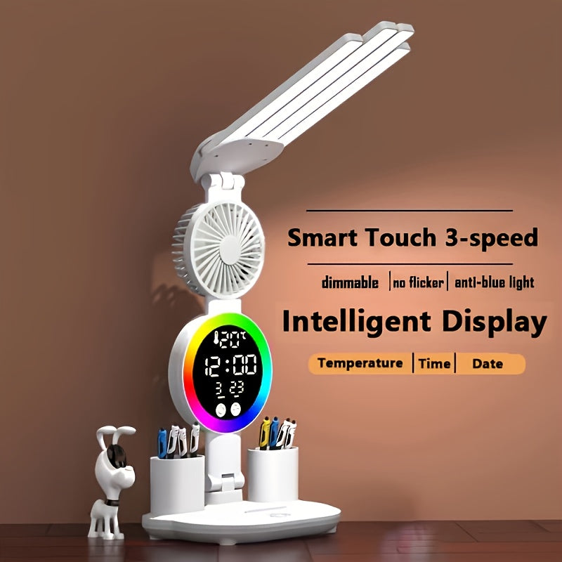 Smart Touch LED Desk Lamp USB Powered Dual-Head Dimmable Color-Changing with Built-In Fan Night Light Eye-Friendly for Home Office Dorm Study Bedroom No Battery Required